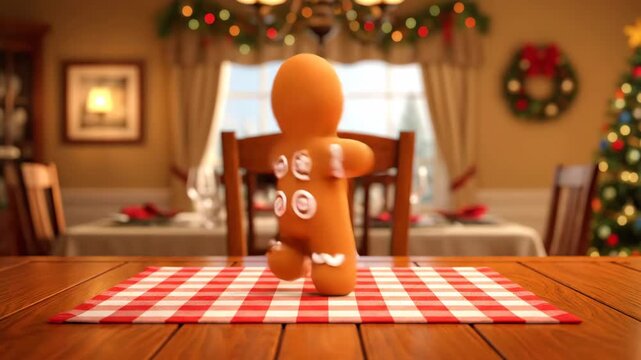 Animated gingerbread man character dances on a checkered tablecloth, displaying vibrant expressions and movements, surrounded by a warm, festive atmosphere