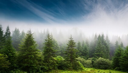 forest landscape green trees misty atmosphere