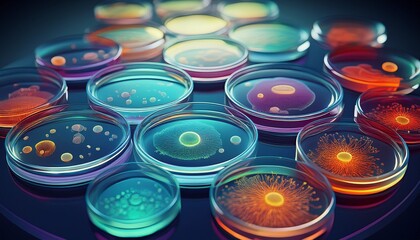 abstract laboratory petri dishes with bacterial colonies minimalistic style