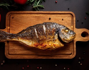 roasted whole fish on wooden board