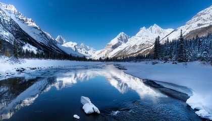 majestic snow covered mountains reflecting in frozen river