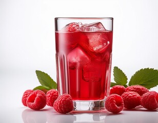 glass of red raspberry juice with ice cubes isolated on white background