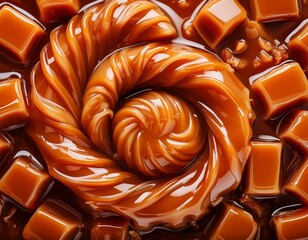 tasty caramel candies with sauce background sweet texture