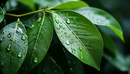 close up view of wet green leaves with water droplets after rain