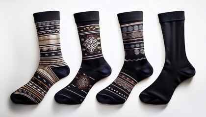 four different patterned black socks displayed in a row
