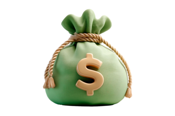 Green money bag with dollar sign sitting on a clean, white background representing wealth and savings