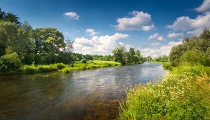 sunny summer day by the flowing river