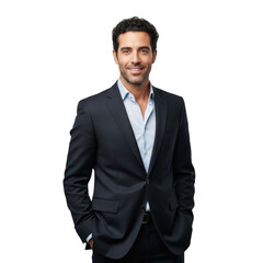 A confident smiling man wearing a dark suit and light blue open collar shirt with hands in pockets isolated on transparent background