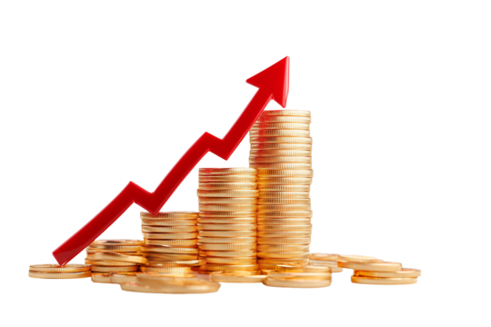 Shiny gold coins stacked in ascending order with a red arrow pointing upward and signifying growth and success