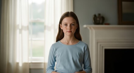 Young caucasian female child in blue shirt standing indoors