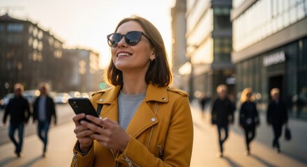 Young caucasian female enjoying city walk at sunset with smartphone