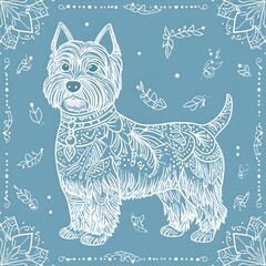 West Highland Terrier Zentangle - Intricate Dog Design on Blue Background.
