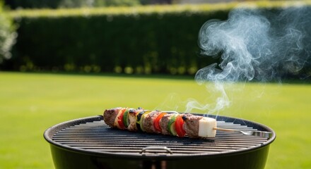 Grilled vegetable and meat skewers on outdoor charcoal bbq grill