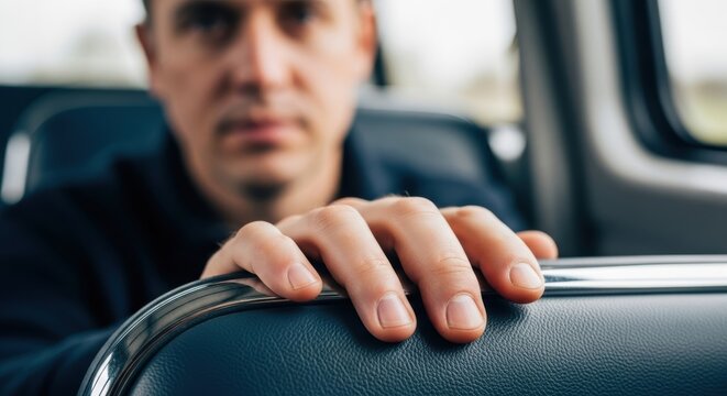 Caucasian male adult riding bus holding seat looking thoughtful - Powered by Adobe