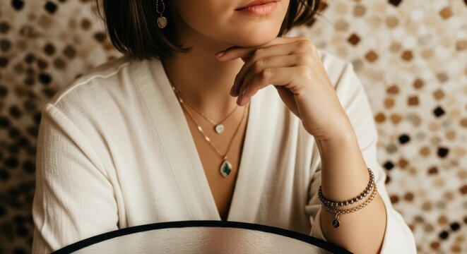 Elegantly dressed caucasian female wearing jewelry, chin resting on hand