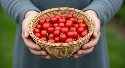 Hands holding basket of fresh red tomatoes outdoors