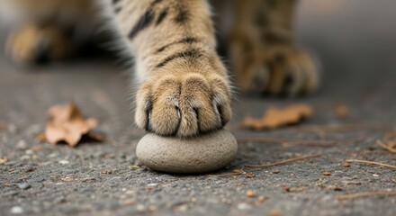 Cat paw holding smooth stone on pavement with autumn leaves