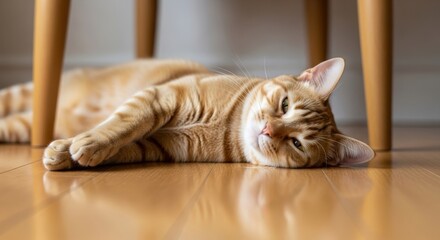 Relaxed orange tabby cat lounging on wooden floor beneath chair