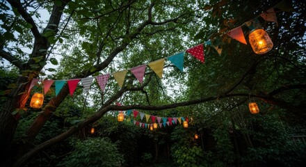Colorful bunting and lanterns in lush garden setting at dusk