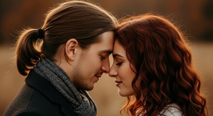 Romantic connection of young caucasian couple in autumn