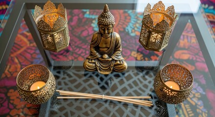 Buddha statue with candles and incense sticks on decorative table
