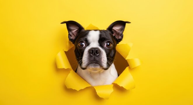 Curious boston terrier emerging through yellow paper background