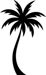 Stylized silhouette of a tall curved palm tree with fronds against a white background
