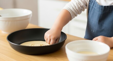 Young child baking in kitchen with mixing bowls and batter