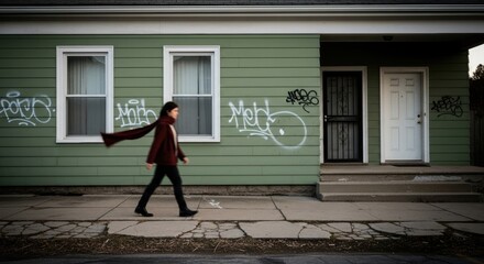 Asian female walking past graffiti-covered green building in winter attire