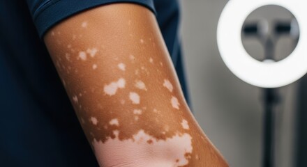 Close-up of vitiligo on an arm with circular light reflection