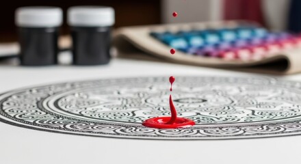 Red paint droplets on intricate black and white mandala design