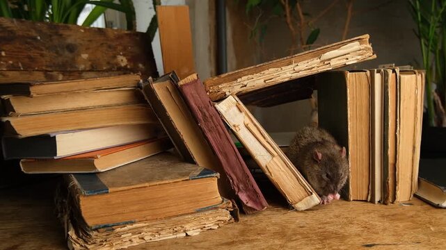 An antique old books and brown, gray rat.