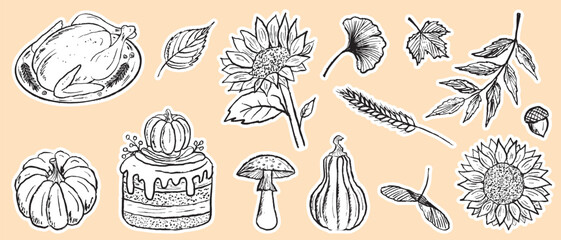 Happy Thanksgiving day sticker pack with roasted turkey, pumpkin pie, autumn leaves, mushroom, acorn in black brush stroke texture. Hand drawn vector sketch illustration in vintage charcoal ink. © Nataliya Pokrovska