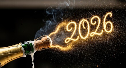 Celebrating New Year 2026 with Champagne Explosion and Sparkler Effect