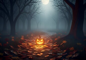 Halloween jack-o'-lantern glowing on spooky forest path with full moon
