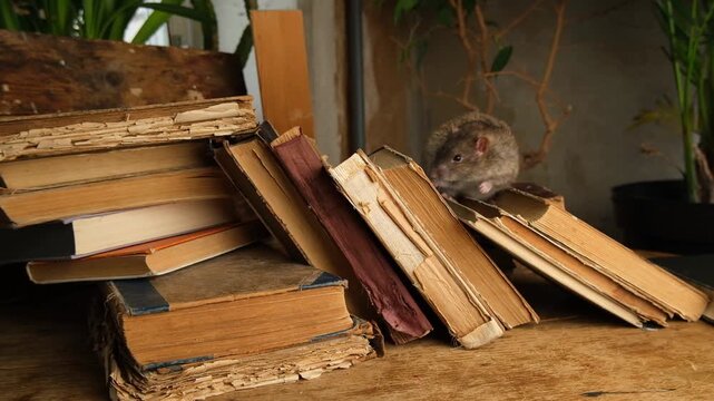 An antique old books and brown, gray rat.