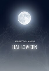 Halloween moonlit night with spooky tree silhouettes and festive message