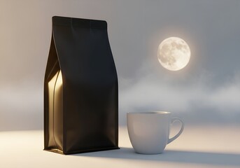 Halloween spooky moonlight coffee scene with surreal misty background