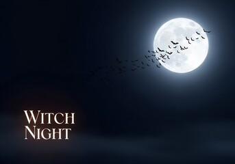 Halloween witch night concept with glowing moon and flying bats design