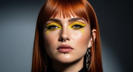 Young caucasian female with red hair and bold yellow makeup on dark background