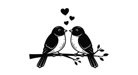 Two birds sitting on a branch with hearts above them