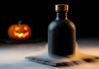 Halloween jack-o'-lantern with spooky fog and dark bottle composition