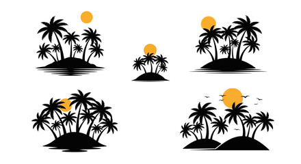 Collection of tropical island silhouettes featuring palm trees and sunsets