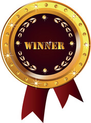 Winner Gold Badge with Ribbon and Sparkles
