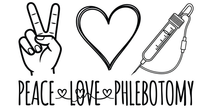 Peace love phlebotomy design with hand heart and syringe for medical professional apparel