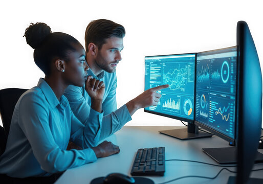 Two diverse professionals collaborate analyzing data on multiple computer screens with futuristic interface isolated on transparent background