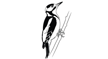A black and white illustration of a woodpecker perched on a branch.