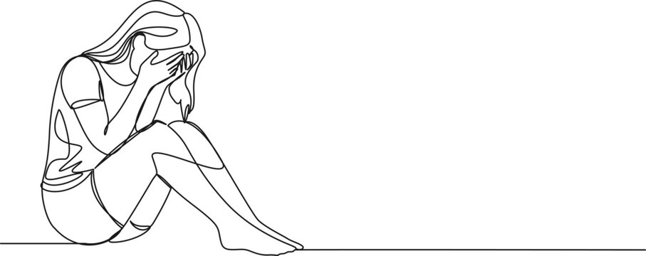 continuous line drawing of sad sorrowful female teenager or young woman sitting on floor covering face with hands, line art vector illustration