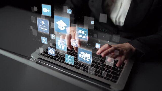 Online education icons show e-learning, online education classes, and digital study. Online education enables global online education access, flexible learning. Funnel