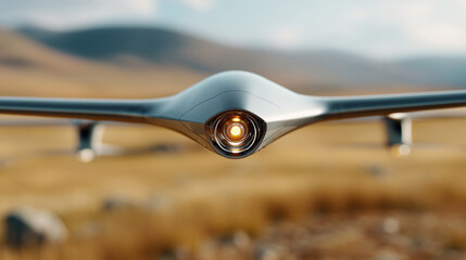 Obraz premium Minimalist concept of military drone monitoring open steppe, focus on glowing lens and aerodynamic structure, with copy space.